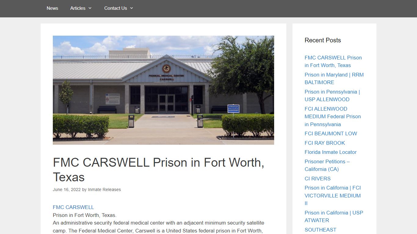 FMC CARSWELL Prison in Fort Worth, Texas – Inmate Releases